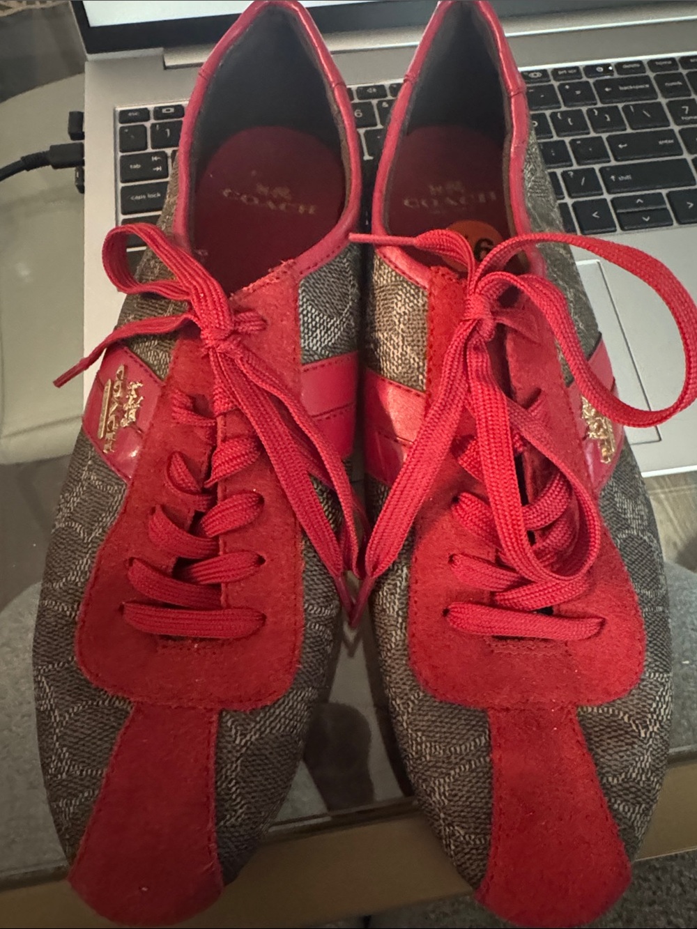Coach Red and Brown Logo-Print Lace-Up Sneakers